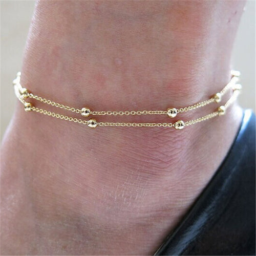 Women Gold Filled Anklet Double Chain Bead Ankle Bangle