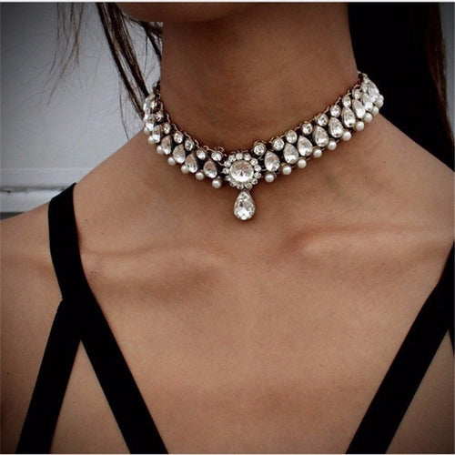 Crystal Pearl Water Drop Choker Necklace