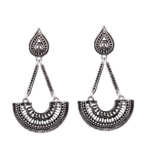 SPINNER Ethnic Style Jewelry Antique Silver Color Chain with Big Geometric Fan-shaped Earrings for Women Jewelry Gift