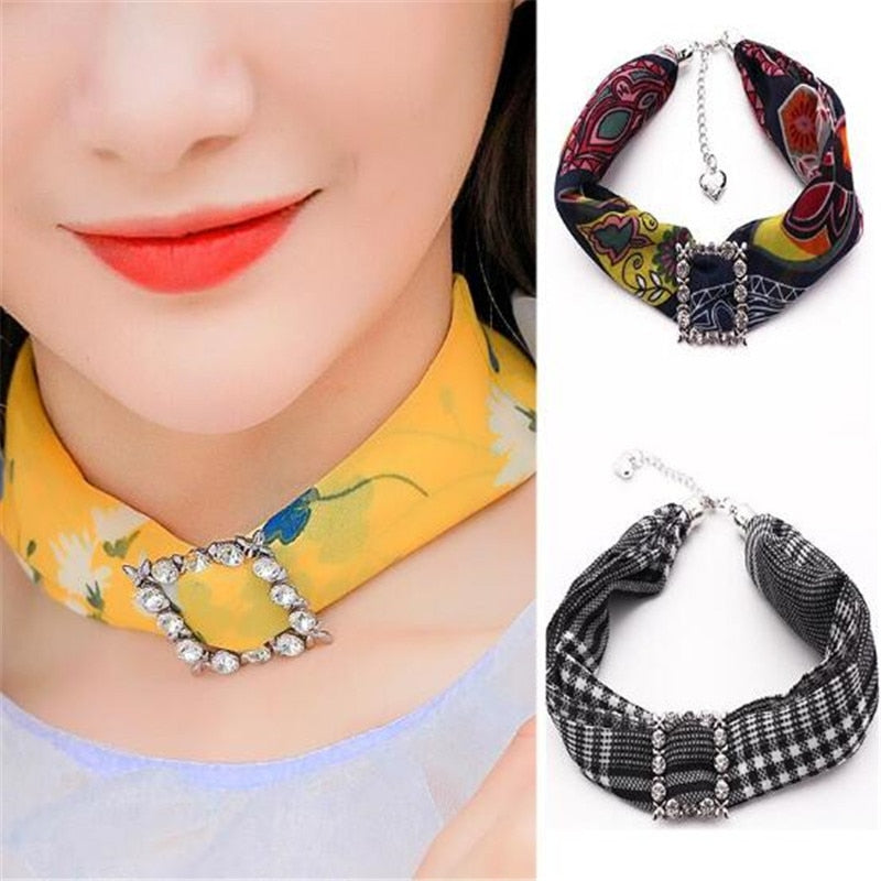 Printed Chiffon Rhinestone Accessory Choker