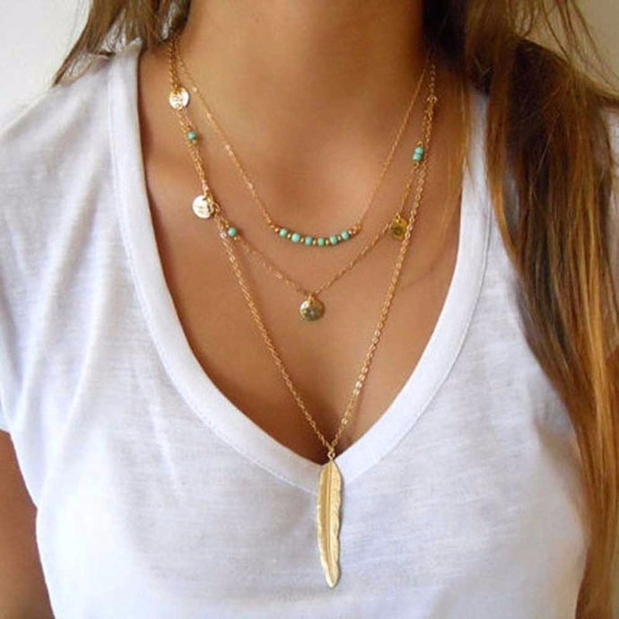 Feather Detailed Triple Necklace