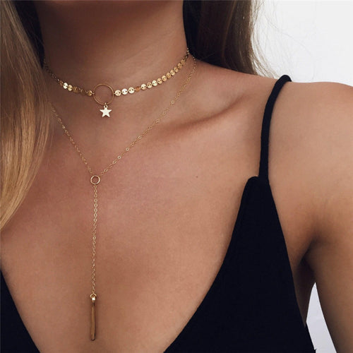 Star And Rectangle Detailed Chain Necklace