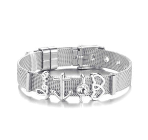 Fashion Hot Stainless Steel Charm Mesh Bracelet Set Anchor Double Heart Charm Pandora Bracelet & Bangle for Women Lover Gift