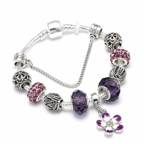 Silver Color Charm Bracelet Purple & Flower Pendant Crystal Beads