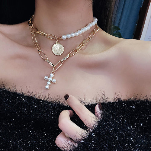 Pearl Choker Cross Necklace