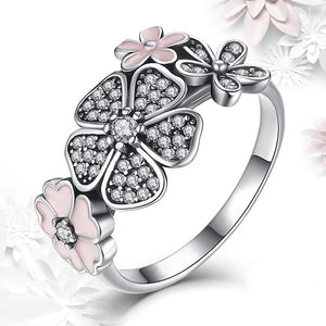 Silver Pink Flowe Pandora Ring