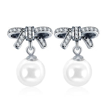 Load image into Gallery viewer, Silver Color Bow-knot Pandora Earrings Simulated Big Pearl Drop Earrings for Women Wedding Party Jewelry Gift