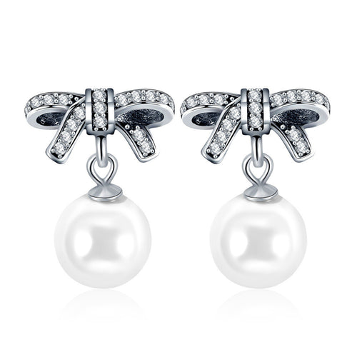 Silver Color Bow-knot Pandora Earrings Simulated Big Pearl Drop Earrings for Women Wedding Party Jewelry Gift