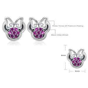 Silver Color Pandora Earrings Purple Cubic Zirconia Minnie Shape Earrings for Women Lovely Stud Earring for Girl Gift