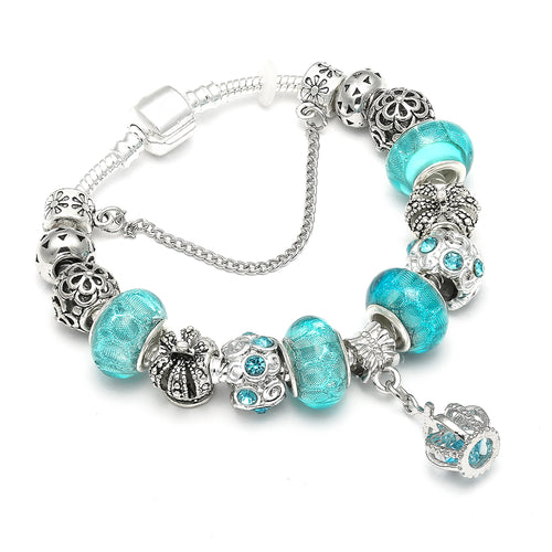 Silver Charm Bangle & Bracelet with Royal Crown Pendant