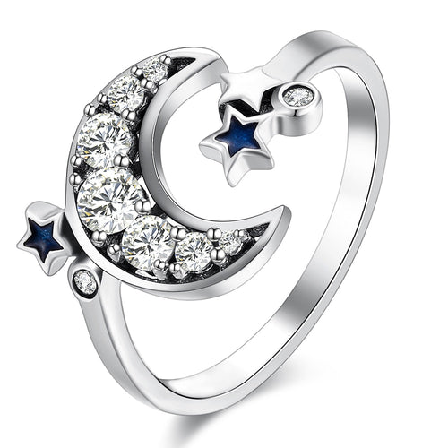Sparkling Star And Moon Adjustable Finger Ring
