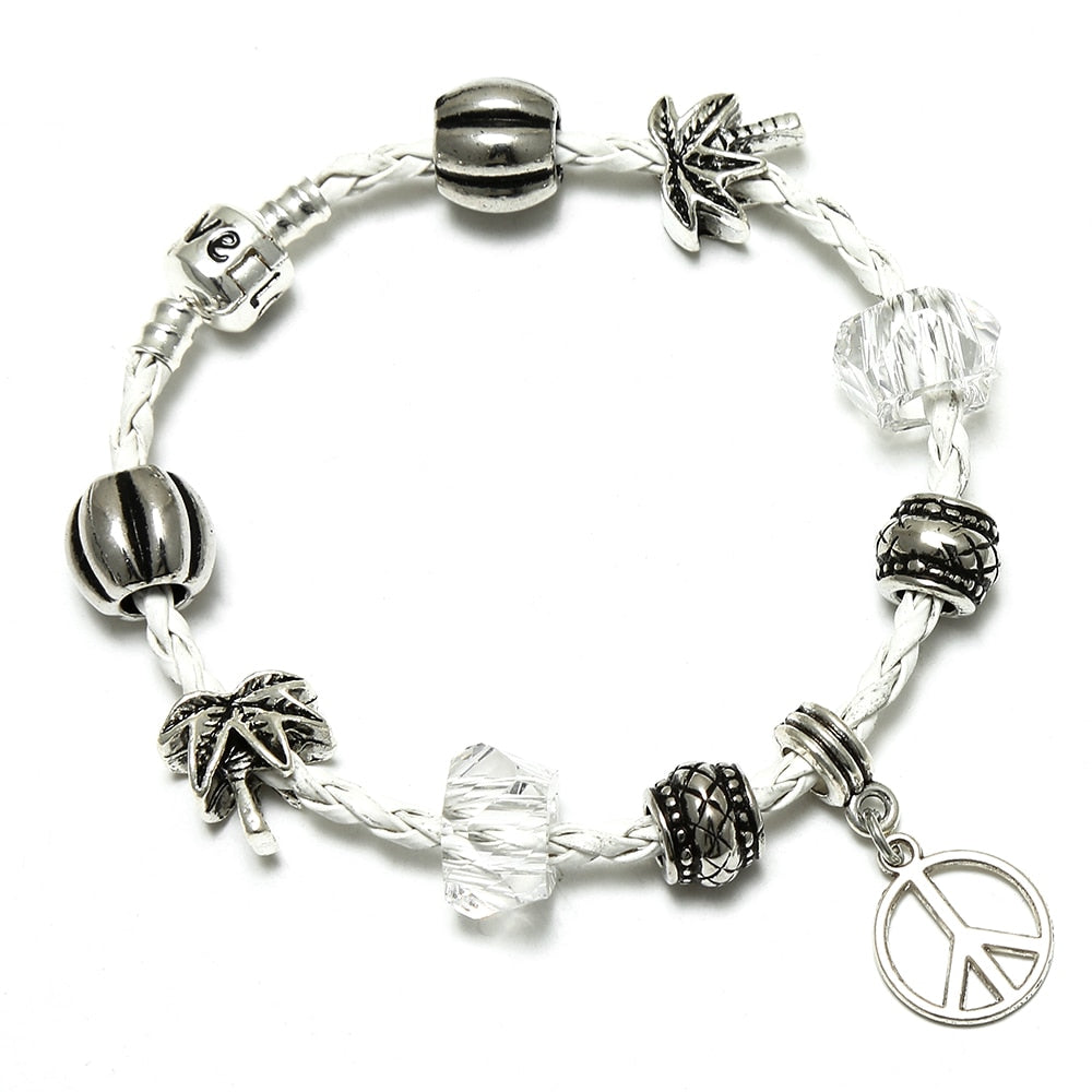 White Charm Bracelet Peace Sign Pendant