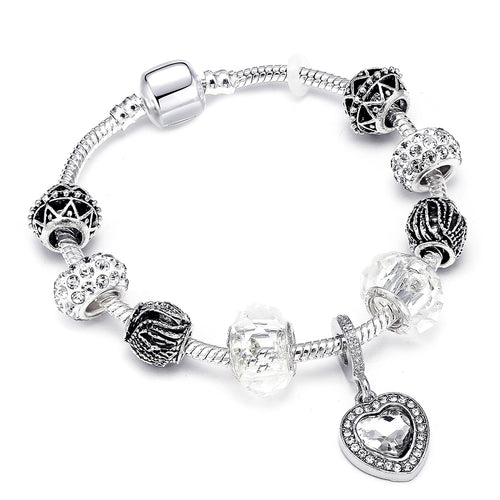 Silver Crystal Heart Charm Bracelet