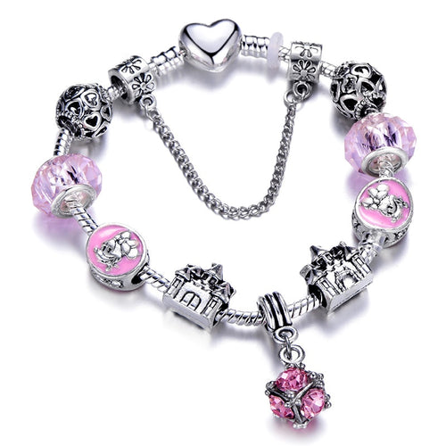Mickey Minnie Charm Bracelet With Silver Plated Chain