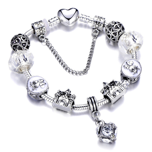 Mickey Minnie Charm Bracelet With Silver Plated Chain