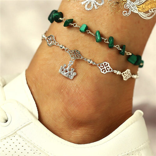Boho Multiple Layers Crown Pendant Stone Anklet